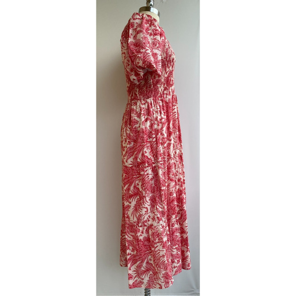 Anna Cate Mae Midi Dress Puff Sleeves 100% Cotton Boho Floral Pink sz L - Picture 4 of 5